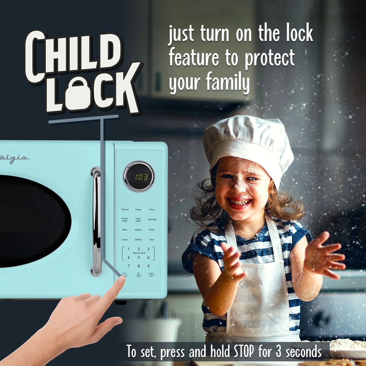 2026 NEW Nostalgia Retro Microwave Oven - 1.1 Cu Ft & 1000-Watt Countertop Size with Glass Turntable, Child Safety Lock, 8 Auto-Cook Programs & Digital Clock - Black