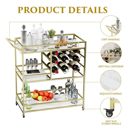 2026 NEW WHIFEA 3-Tier Home Bar Cart with Wine Rack, Mobile Serving Wine Cart on Wheels, Modern Rolling Drink Trolley for Coffee Tea Wine