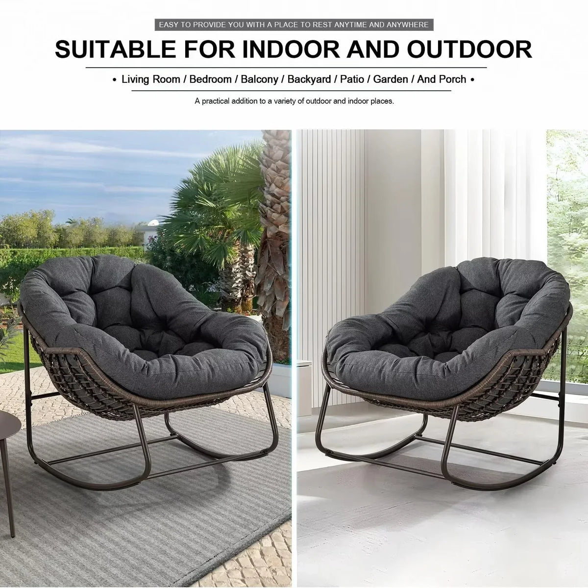 2026 NEW Outdoor Papasan Rocking Chair, Patio Oversized Wicker Egg Rocking Chair, Indoor & Outdoor Comfy Rocker Chair with Thick Cushion, Modern Lounge Chair for Front Porch, Garden, Backyard, Grey