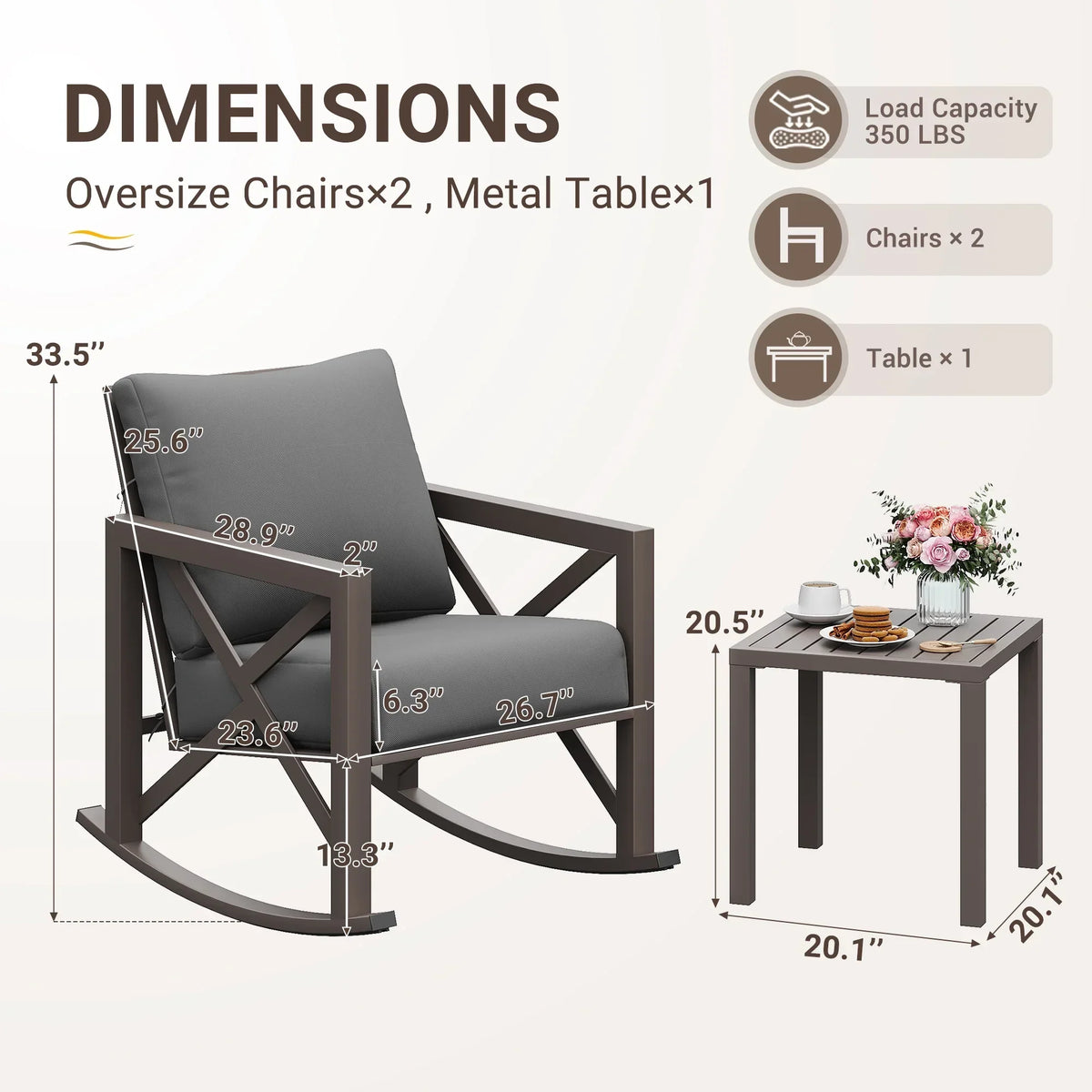 2026 NEW MRUAKA Rocking Chair Bistro Set,3 Piece Outdoor Patio Furniture Set with 2 Rockers and 1 Metal Coffee Table with Thick Cushions for Porch,Backyard,Poolside,Beige