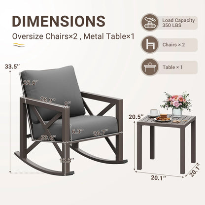 2026 NEW MRUAKA Rocking Chair Bistro Set,3 Piece Outdoor Patio Furniture Set with 2 Rockers and 1 Metal Coffee Table with Thick Cushions for Porch,Backyard,Poolside,Beige