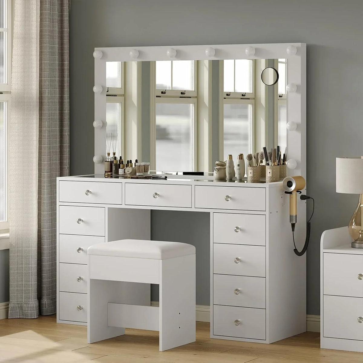 2026 NEW White Vanity Desk with Illuminated Mirror & Power Outlet, 11 Drawers Vanity Table with Chair, Makeup Vanity with 12 LED Lights, Tempered Glass Top, Dressing Table for Bedroom,Dressing Room