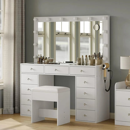 2026 NEW White Vanity Desk with Illuminated Mirror & Power Outlet, 11 Drawers Vanity Table with Chair, Makeup Vanity with 12 LED Lights, Tempered Glass Top, Dressing Table for Bedroom,Dressing Room