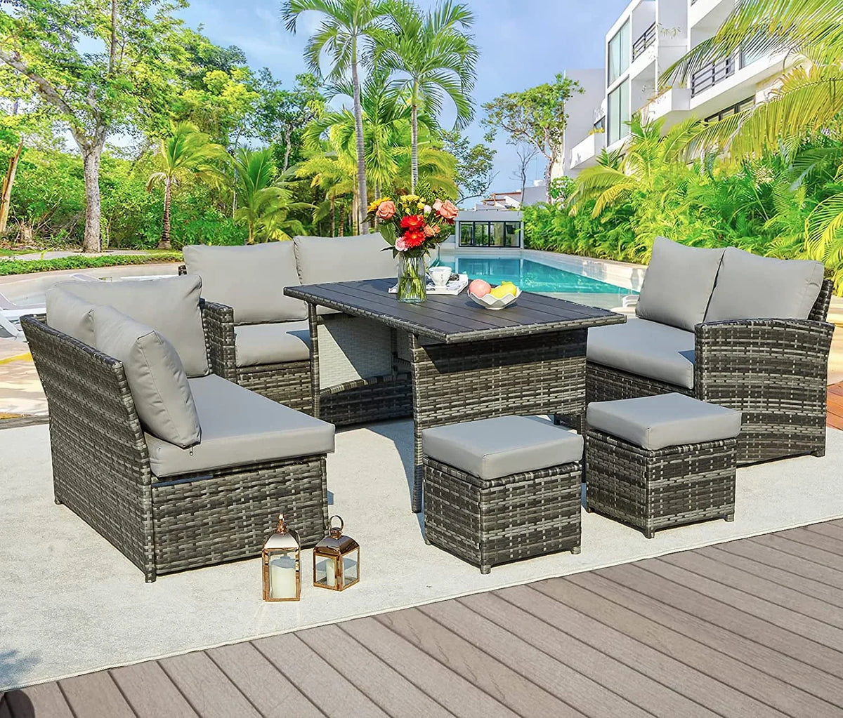 2026 NEW AECOJOY 7 Piece Patio Furniture Set PE Rattan Outdoor Dining Set Sectional Sofa Couch with Table Patio Conversation Set in Gray