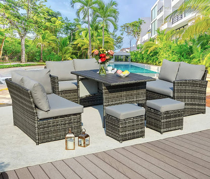 2026 NEW AECOJOY 7 Piece Patio Furniture Set PE Rattan Outdoor Dining Set Sectional Sofa Couch with Table Patio Conversation Set in Gray