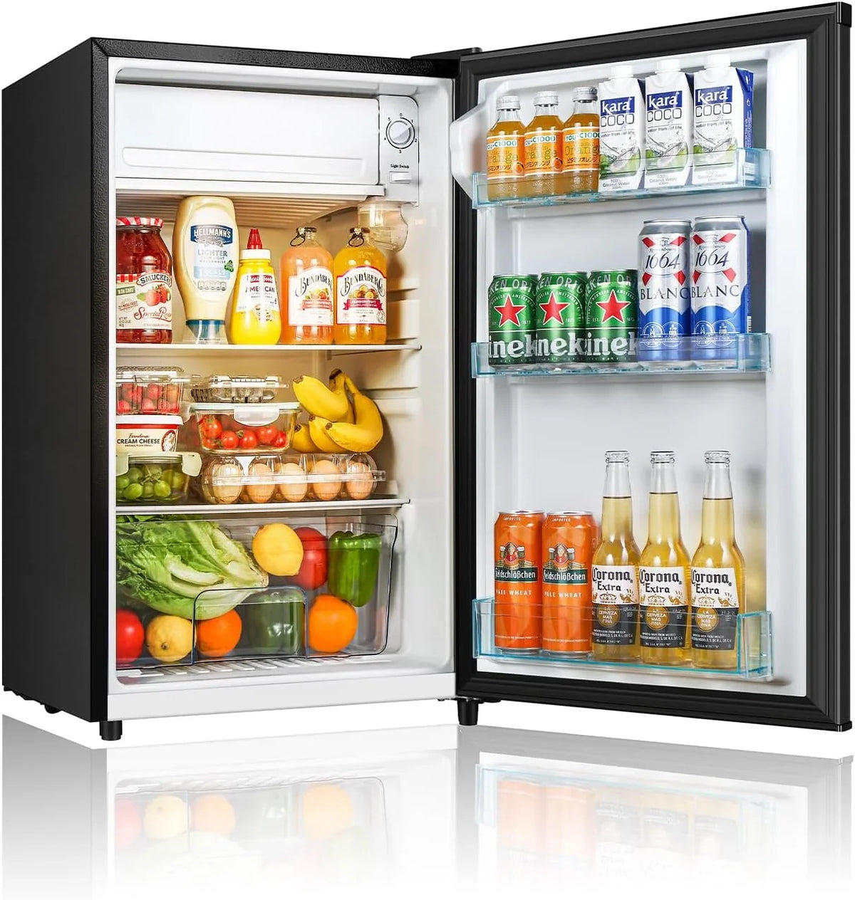 2026 NEW Seaoola Mini Fridge with Freezer, Single Door 4.4 Cu.Ft, Compact Mini Refrigerator, LED Light, Adjustable Thermostat, Removable Glass Shelves, Small Refrigerator for Dorm/Office/Bedroom(Black)