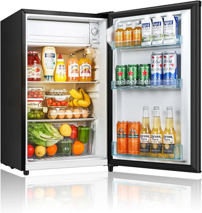 2026 NEW Seaoola Mini Fridge with Freezer, Single Door 4.4 Cu.Ft, Compact Mini Refrigerator, LED Light, Adjustable Thermostat, Removable Glass Shelves, Small Refrigerator for Dorm/Office/Bedroom(Black)