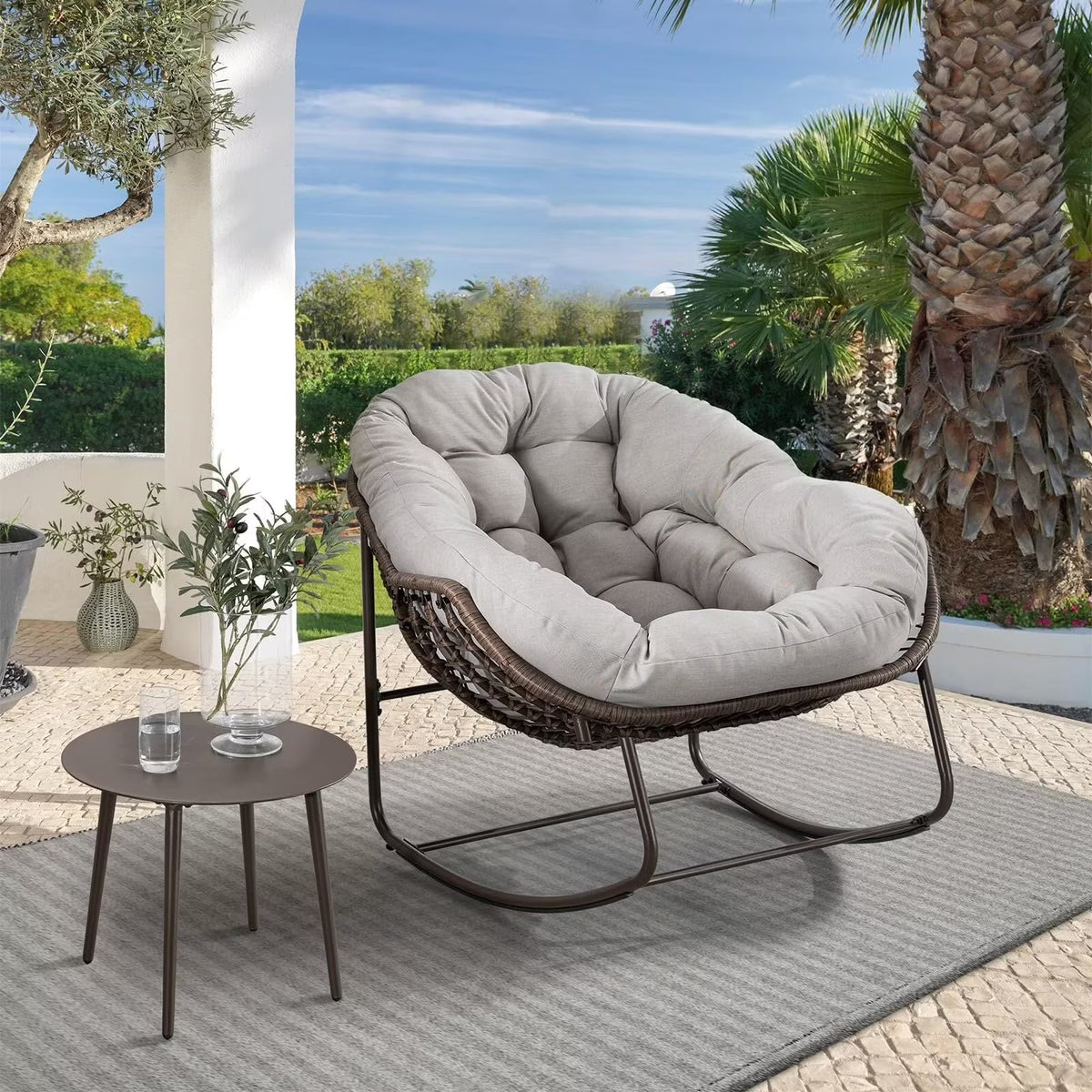 2026 NEW Outdoor Papasan Rocking Chair, Patio Oversized Wicker Egg Rocking Chair, Indoor & Outdoor Comfy Rocker Chair with Thick Cushion, Modern Lounge Chair for Front Porch, Garden, Backyard, Grey