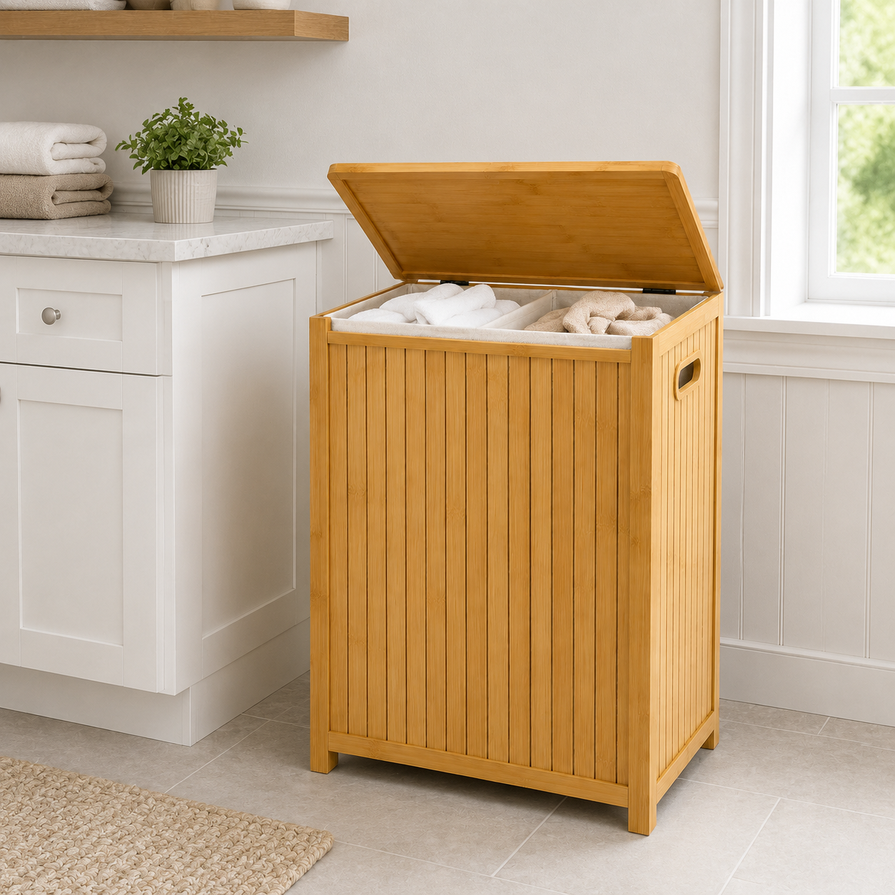 Bamboo Double Laundry Hamper with Lid and Removable Liner, Natural