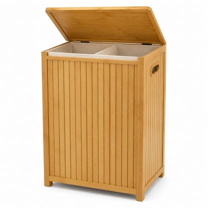 Bamboo Double Laundry Hamper with Lid and Removable Liner, Natural
