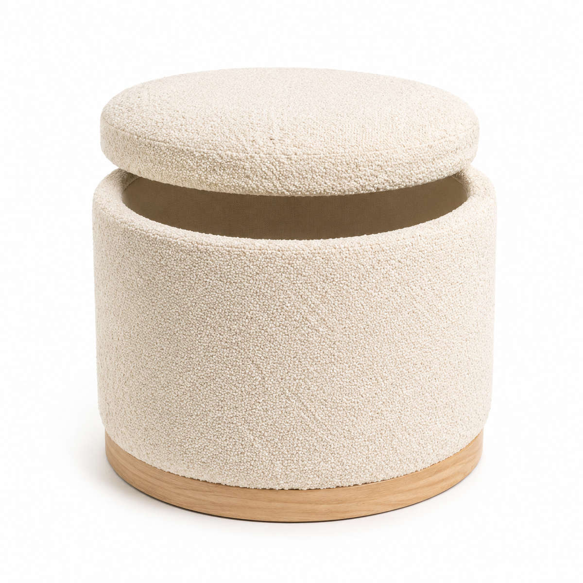 Round Bouclé Storage Ottoman with Removable Lid, 18 Inch, Ivory