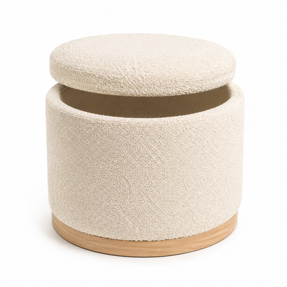 Round Bouclé Storage Ottoman with Removable Lid, 18 Inch, Ivory