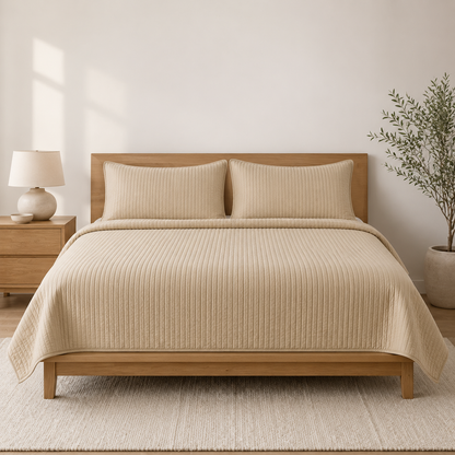 Queen 3-Piece Lightweight Quilt Set with 2 Shams, Oatmeal Beige
