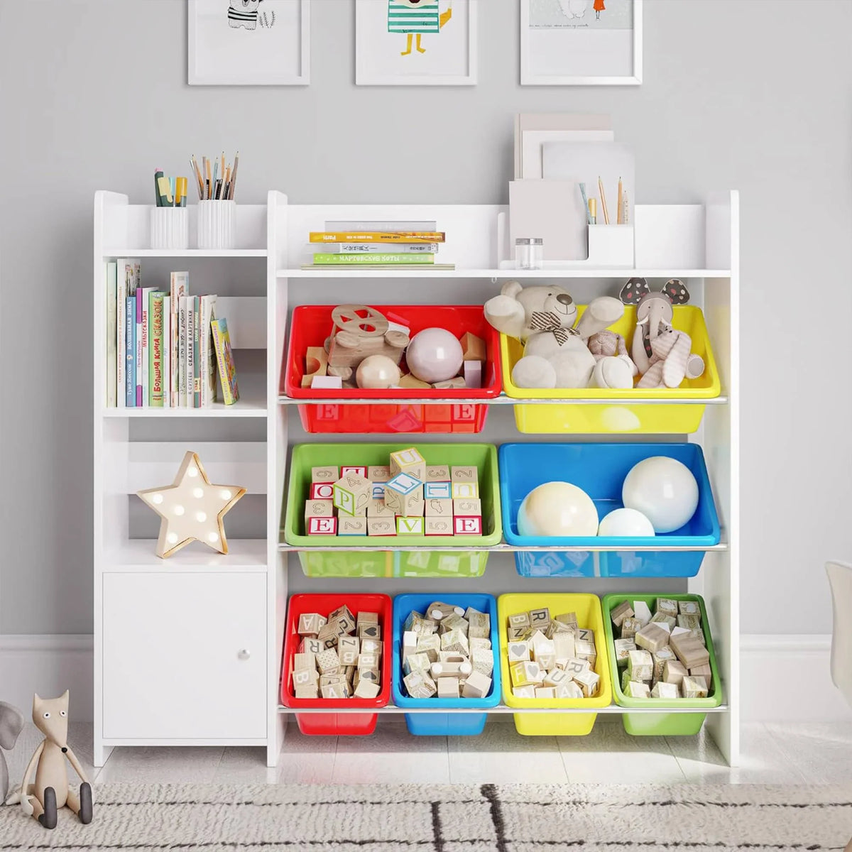2026 NEW Sturdis Kids Toy Storage Organizer With Bookshelf and White Bins
