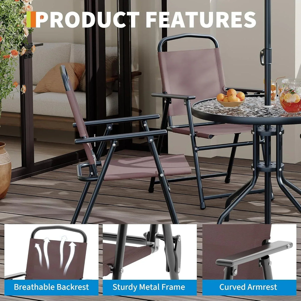 2026 NEW 6 Pieces Outdoor Dining Set With Umbrella, Patio Table and 4 Folding Chairs With Umbrella, Garden Patio Furniture Set With Umbrellas, Tempered Glass Top Dining Table