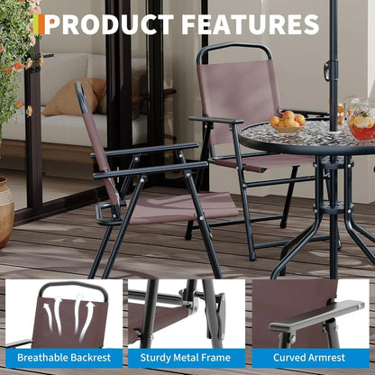 2026 NEW 6 Pieces Outdoor Dining Set With Umbrella, Patio Table and 4 Folding Chairs With Umbrella, Garden Patio Furniture Set With Umbrellas, Tempered Glass Top Dining Table