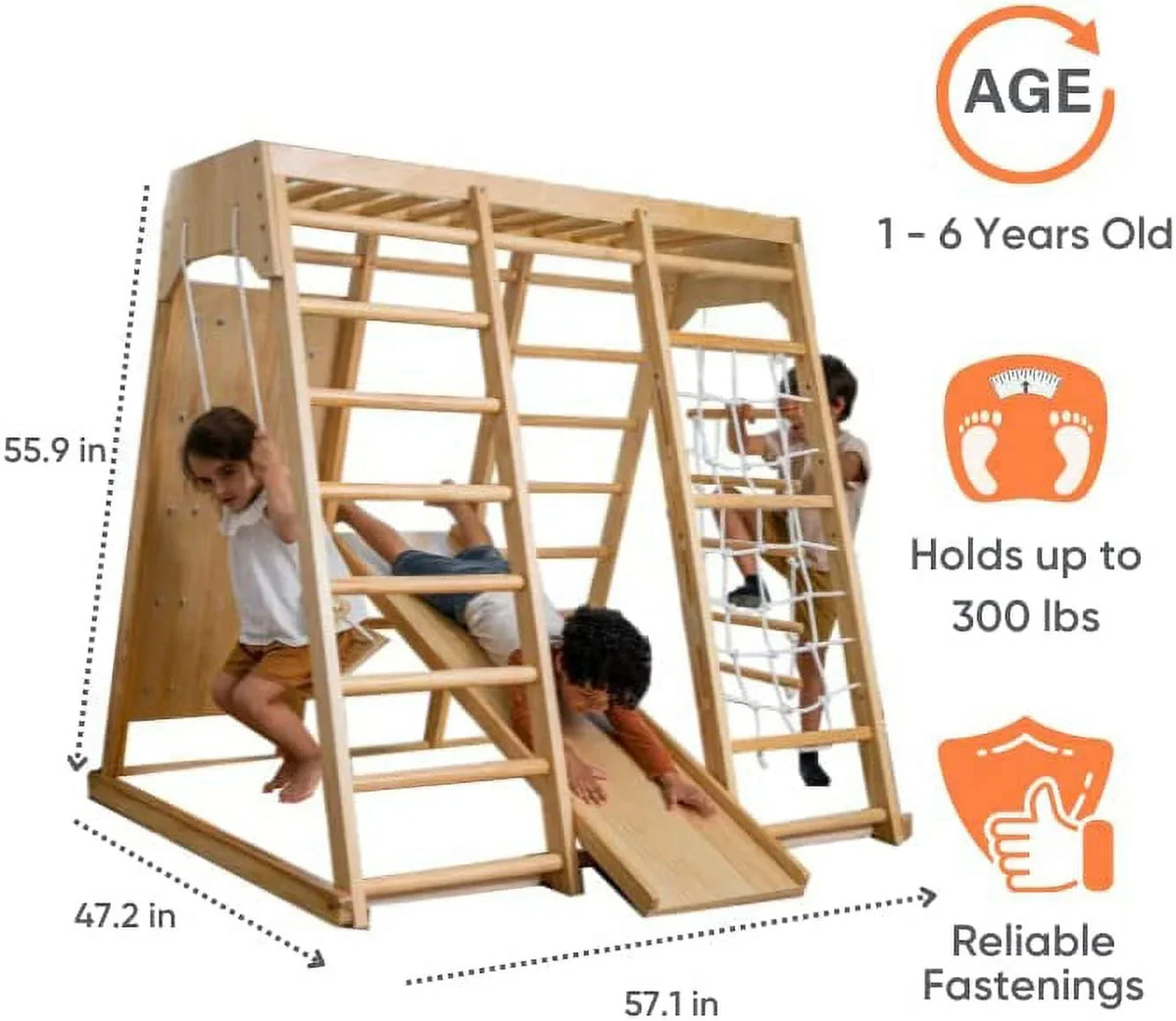 2026 NEW Avenlur Indoor Toddler and Child Indoor Gym Playground Climber - Real Wooden Playset 6-in-1 Slide, Rock Climb Wall, Rope Wall Climbing, Monkey Bars, Swing, Ladder Fun Gym for Children