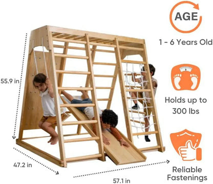 2026 NEW Avenlur Indoor Toddler and Child Indoor Gym Playground Climber - Real Wooden Playset 6-in-1 Slide, Rock Climb Wall, Rope Wall Climbing, Monkey Bars, Swing, Ladder Fun Gym for Children