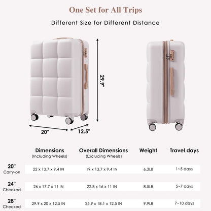 2026 NEW Luggage Set of 3, 20-inch with USB Port, Airline Certified Carry-on Luggage with Cup Holder, ABS Hard Shell Luggage with Spinner Wheels, white