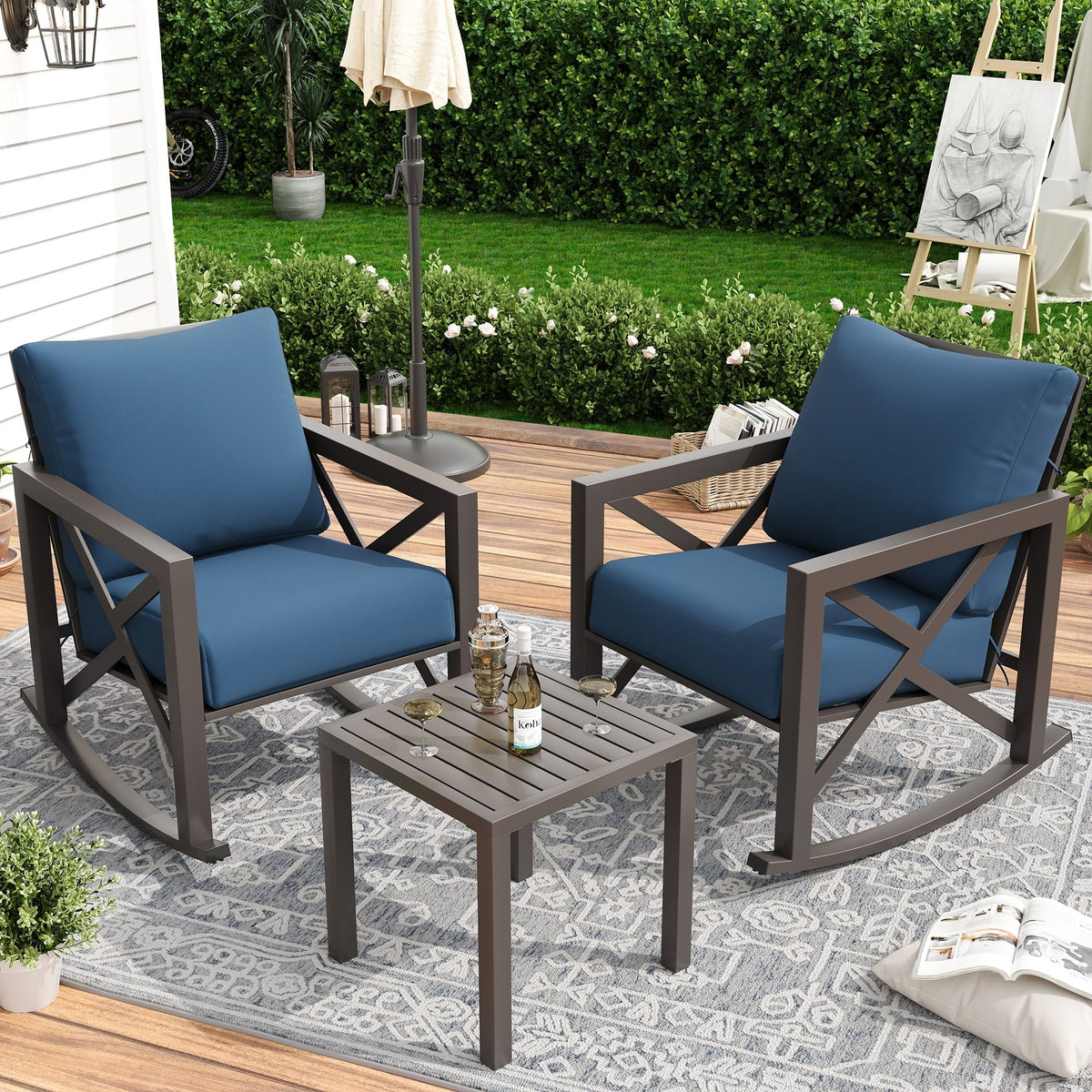 2026 NEW MRUAKA Rocking Chair Bistro Set,3 Piece Outdoor Patio Furniture Set with 2 Rockers and 1 Metal Coffee Table with Thick Cushions for Porch,Backyard,Poolside,Beige