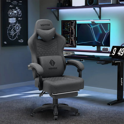 2026 NEW Hoffree Gaming Chair with Massage Fabric Office Chair with footrest for Adults, Ergonomic Gamer Chair with Headrest and Lumbar Support for Office Gaming, 440 LBS