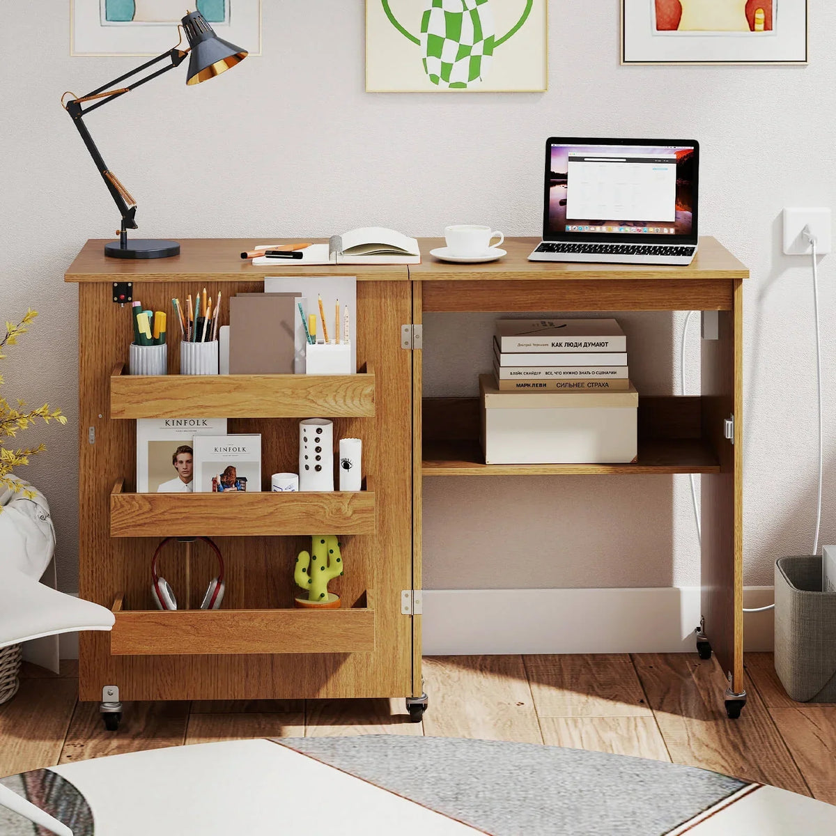 2026 NEW Costway Folding Sewing Table Rolling Craft Station with 3 Storage Bins & Charging Station Natural