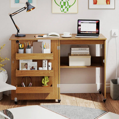 2026 NEW Costway Folding Sewing Table Rolling Craft Station with 3 Storage Bins & Charging Station Natural