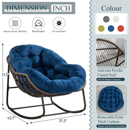 2026 NEW Outdoor Papasan Rocking Chair, Patio Oversized Wicker Egg Rocking Chair, Indoor & Outdoor Comfy Rocker Chair with Thick Cushion, Modern Lounge Chair for Front Porch, Garden, Backyard, Grey