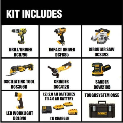 2026 NEW 20V MAX Cordless 7 Tool Combo Kit with TOUGHSYSTEM Case, (1) 20V 4.0Ah Battery and (2) 20V 2.0Ah Batteries