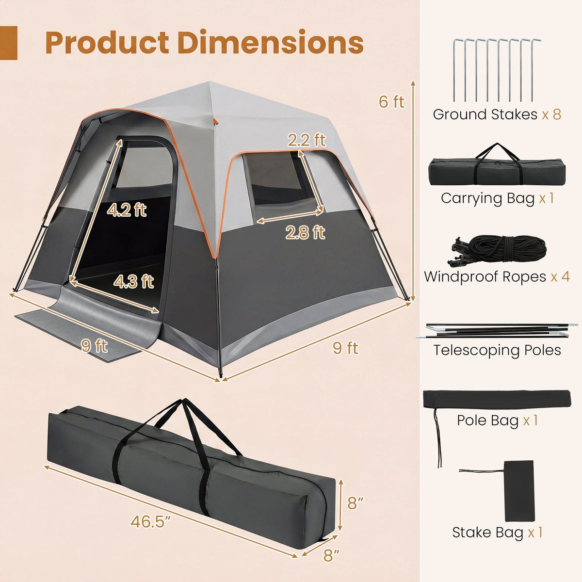 2026 NEW Costway 6-Person Outdoor Camping Tent with Rainfly & Carrying Bag, 3000mm Water-Resistant Gray