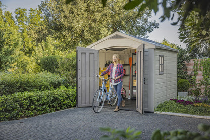 2026 NEW Keter Factor 8 x 11 Foot All Weather Resin Outdoor Storage Shed, Taupe