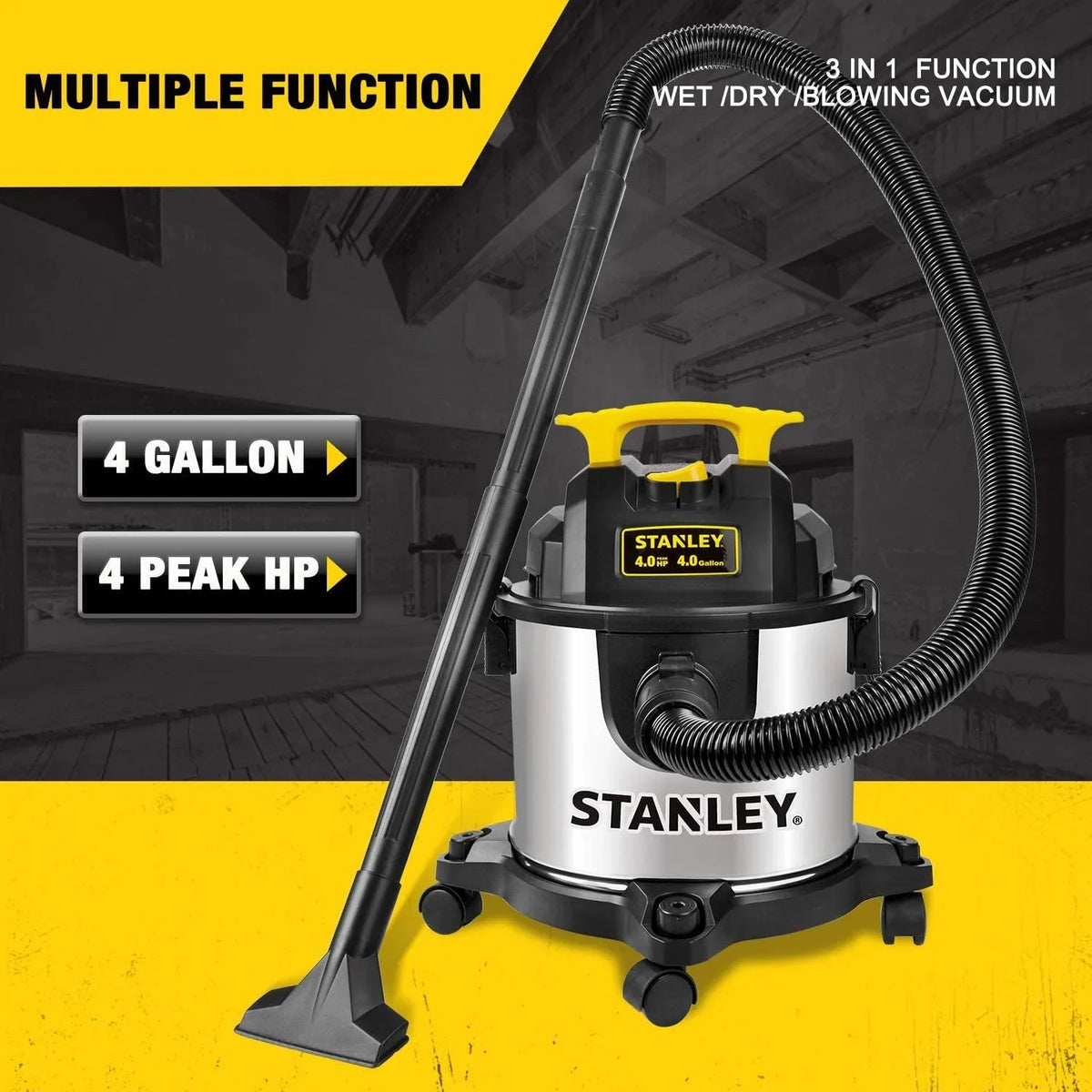 2026 NEW 4 Gallon Wet Dry Vacuum, 4 Peak HP Stainless Steel 3 in 1 Shop Vacuum Blower with Powerful Suction, Vacuum for Job Site, Garage, Basement, Workshop
