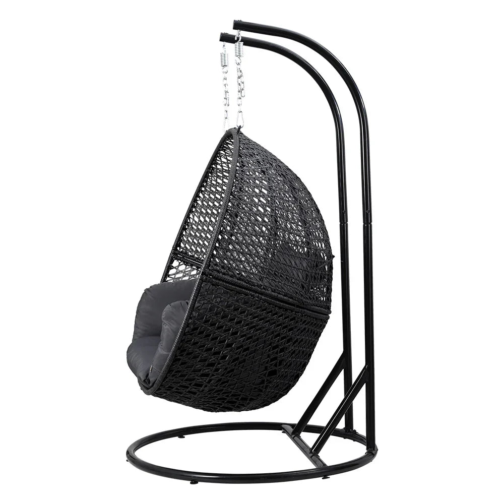 Gardeon Outdoor Egg Swing Chair Wicker Furniture Pod Stand Cushion 2 Seater Grey