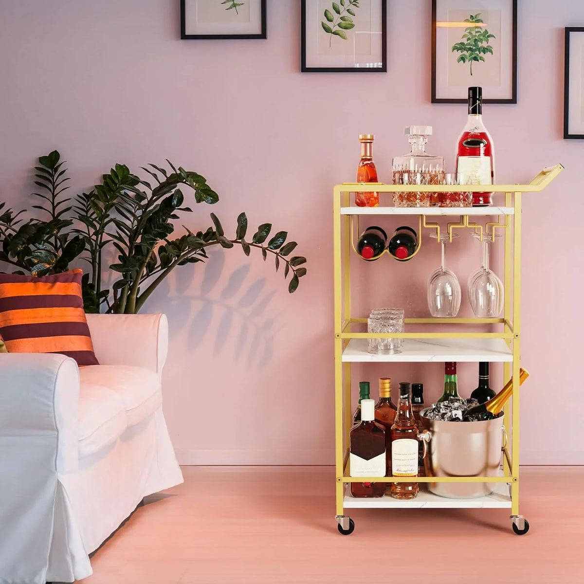2026 NEW 3 Tier Bar Cart, Mini Liquor Utility Cart for Wine Beverage Dinner Party, Rolling Wine Coffee Drink Serving Cart with Lockable Wheels for Home Kitchen