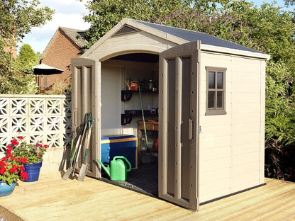 2026 NEW Keter Factor 8 x 11 Foot All Weather Resin Outdoor Storage Shed, Taupe