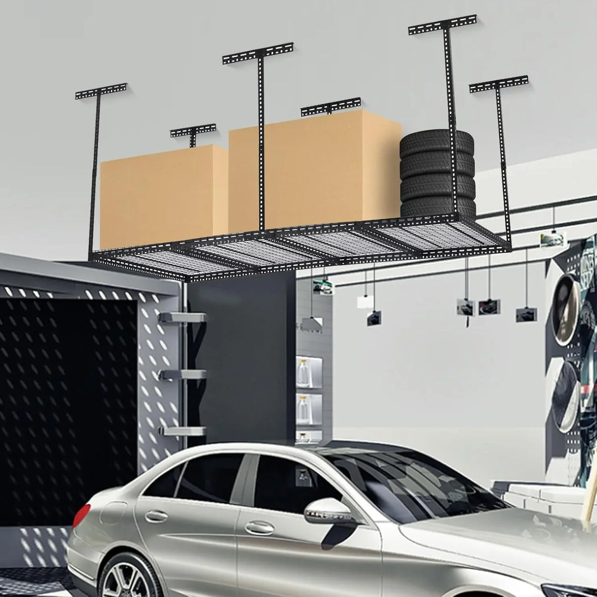2026 NEW Pinypikaka 4'x8' Overhead Garage Storage Rack, 22"-40" Height Adjustable Ceiling Storage Rack 660lbs Weight Capacity