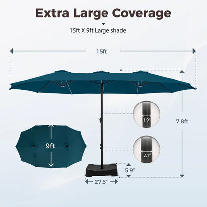 2026 NEW Alpha Joy 15ft Outdoor Patio Umbrella Extra-Large Double-Sided Garden Umbrella with Crank Handle and Base - Smoky Gray