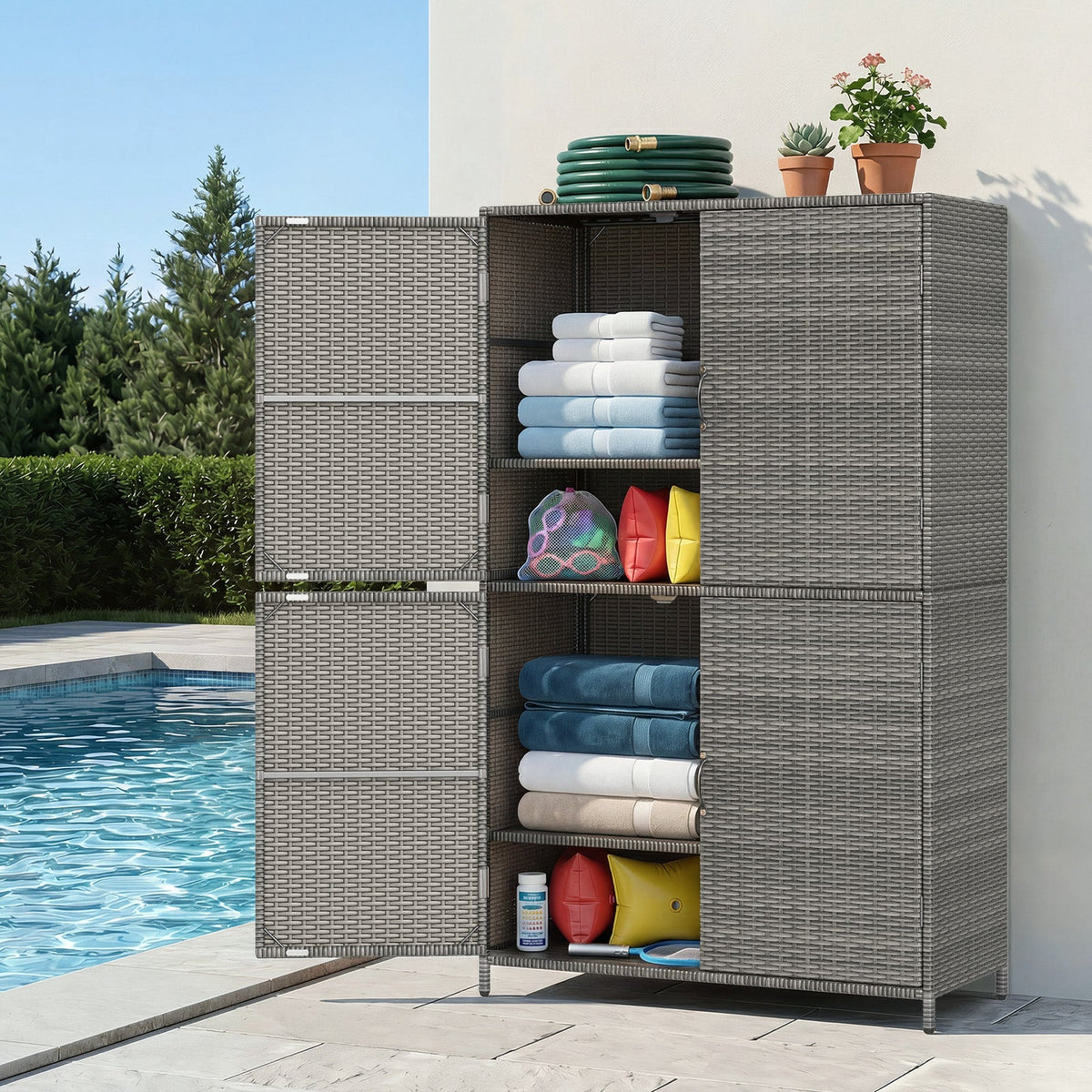 2026 NEW Costway Outdoor Storage Cabinet with Adjustable Shelves & Anti-Toppling Device for Garden Mix Gray