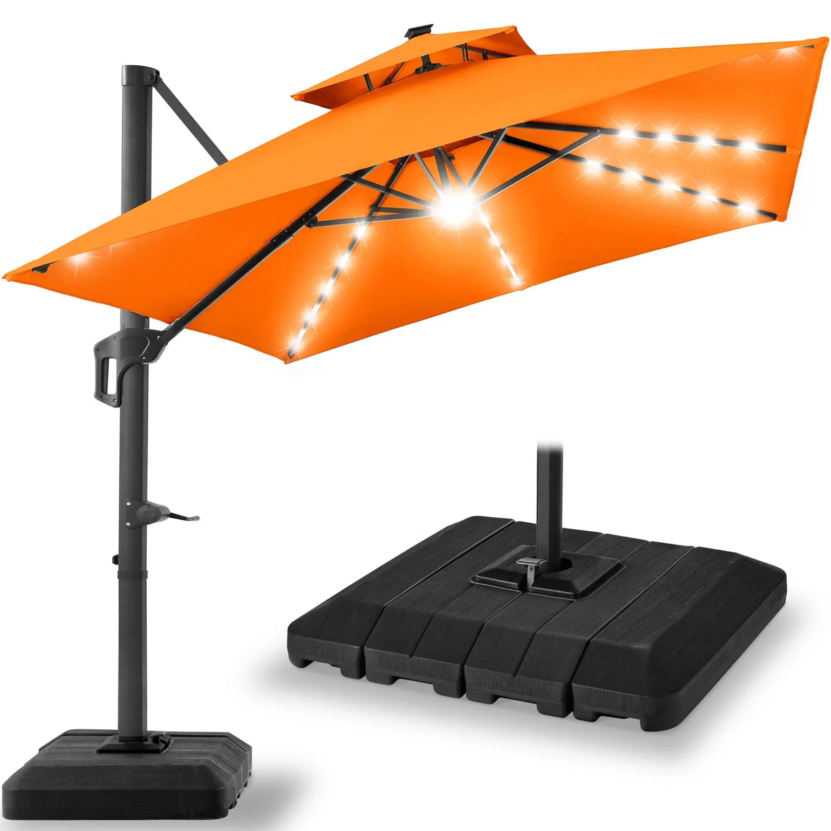 2026 NEW Best Choice Products 10x10ft 2-Tier Square Outdoor Solar LED Cantilever Patio Umbrella w/ Base Included - Tan