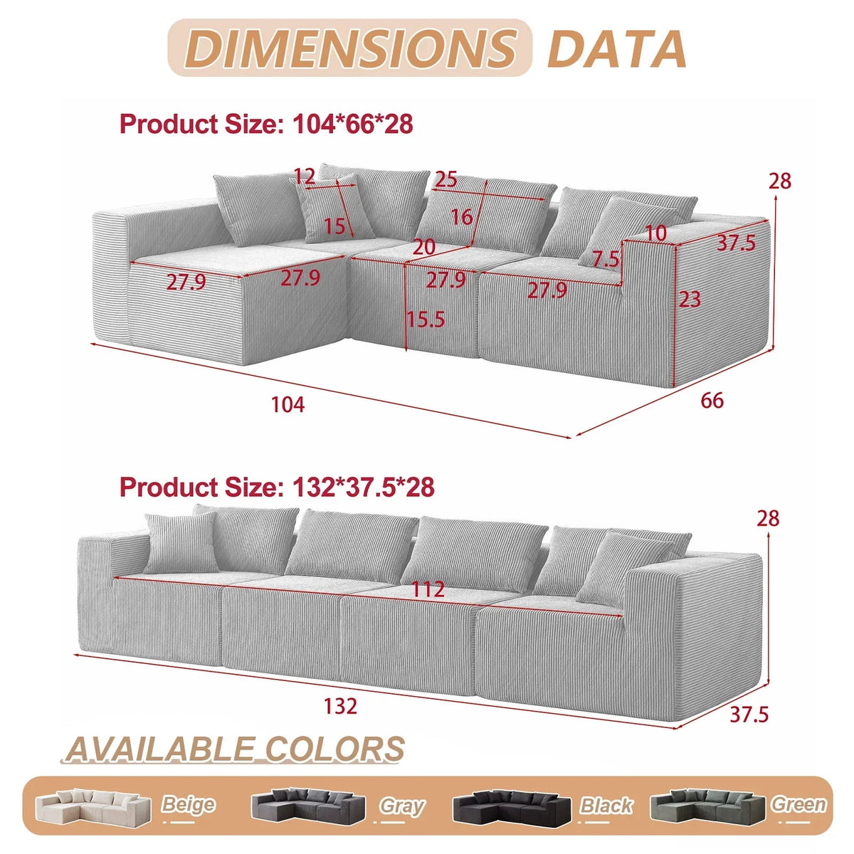 2026 NEW 104-Inch Corduroy Modular L Shaped Sectional Sofa,Luxury Floor Couch Set,Upholstered Indoor Furniture,Foam-Filled Compressed Sofa for Living Room,Bedroom,4 PC Free Combination