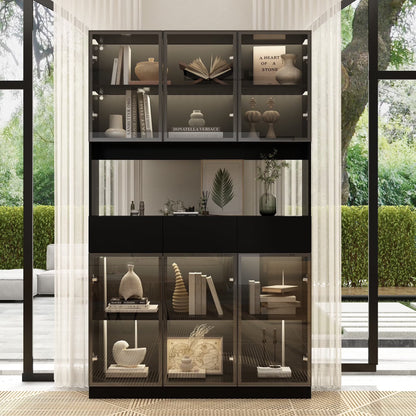 2026 NEW KULAGAGA Bookcases Organizer with LED Lights, Heavy Duty Display Cabinet with Glass Door for Living Room, 31.5" Wide