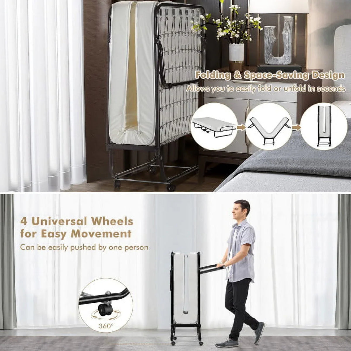 2026 NEW 75" x 31" x 13" Folding Bed with Mattress, Rollaway Bed Metal Frame on Wheels, Portable Foldable Guest Bed for Adults, Cot Size Fold up Bed with Memory Foam Mattress