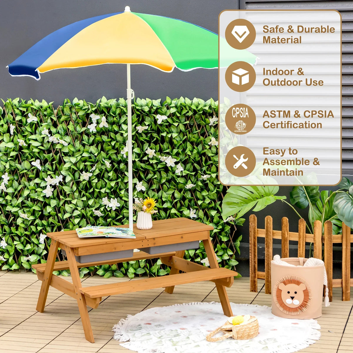 2026 NEW Costway 3-in-1 Kids Picnic Table Wooden Outdoor Sand & Water Table with Umbrella Play Boxes Green