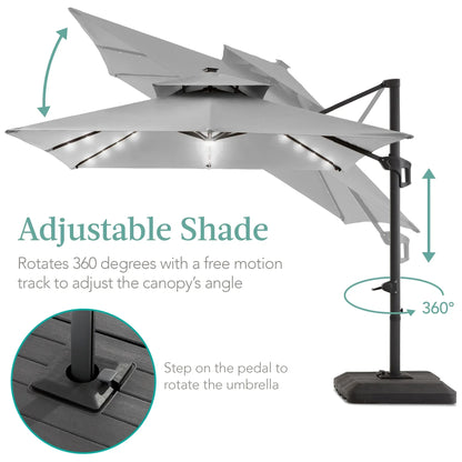 2026 NEW Best Choice Products 10x10ft 2-Tier Square Outdoor Solar LED Cantilever Patio Umbrella w/ Base Included - Tan