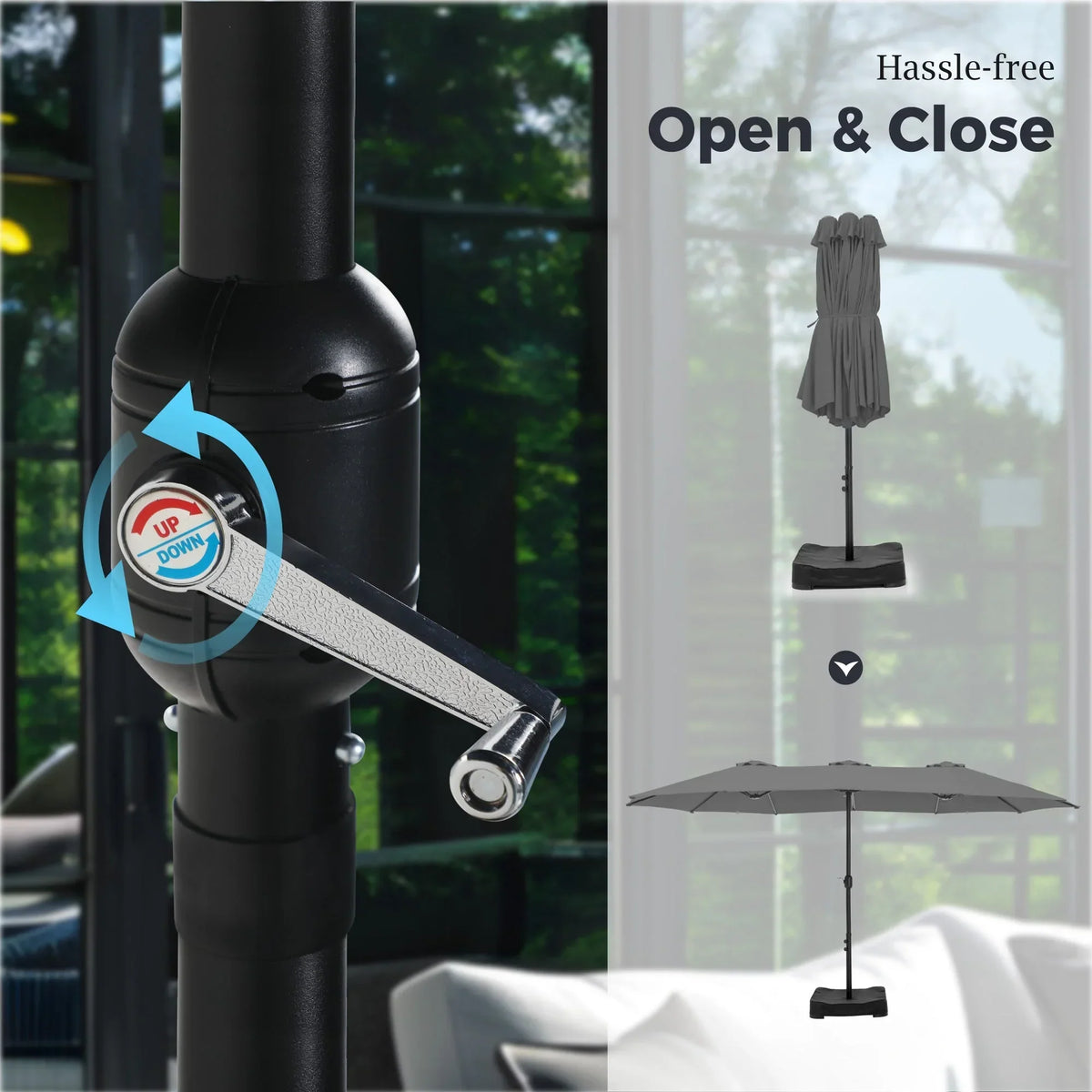 2026 NEW Alpha Joy 15ft Outdoor Patio Umbrella Extra-Large Double-Sided Garden Umbrella with Crank Handle and Base - Smoky Gray