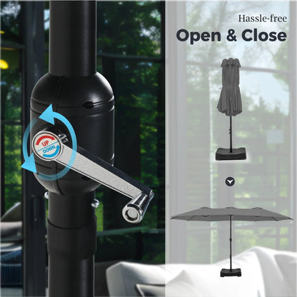 2026 NEW Alpha Joy 15ft Outdoor Patio Umbrella Extra-Large Double-Sided Garden Umbrella with Crank Handle and Base - Smoky Gray