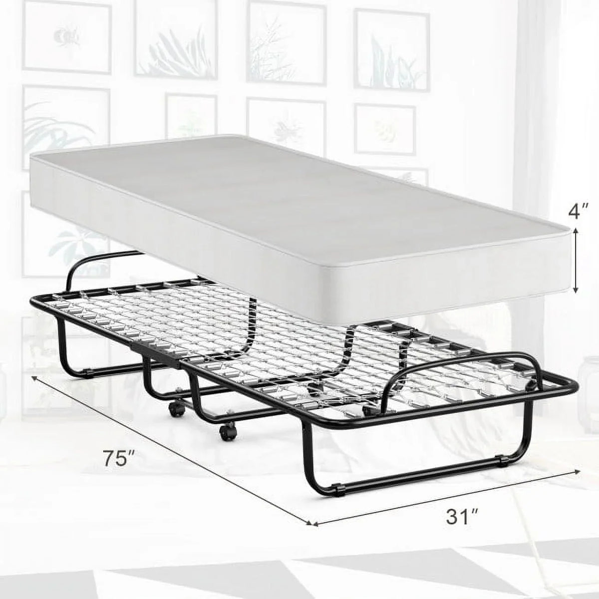 2026 NEW 75" x 31" x 13" Folding Bed with Mattress, Rollaway Bed Metal Frame on Wheels, Portable Foldable Guest Bed for Adults, Cot Size Fold up Bed with Memory Foam Mattress