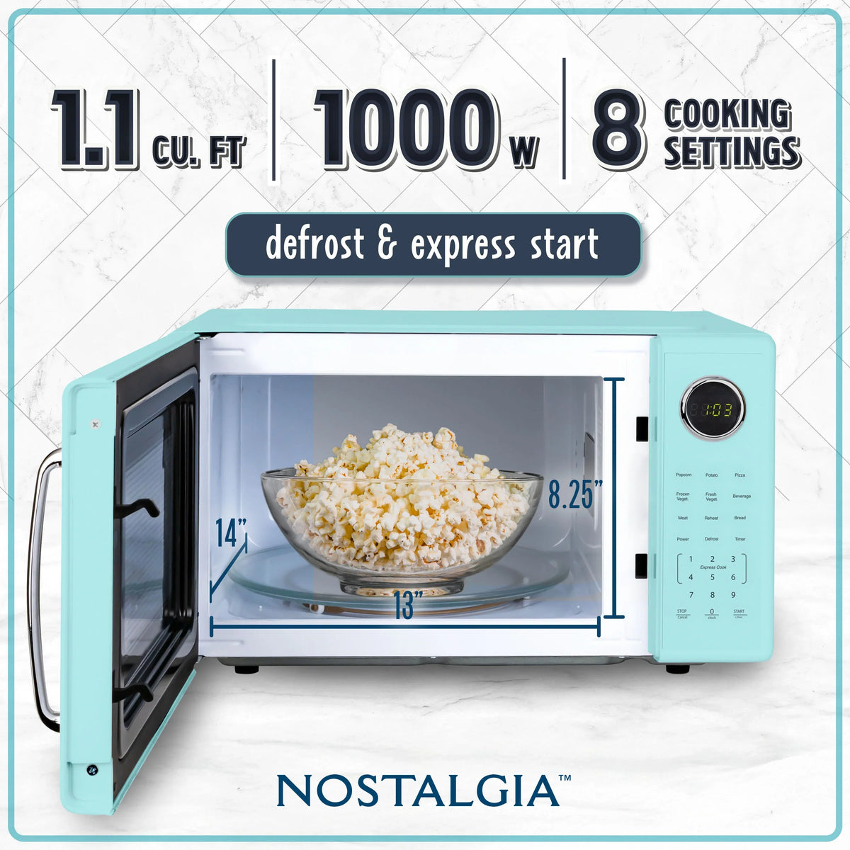 2026 NEW Nostalgia Retro Microwave Oven - 1.1 Cu Ft & 1000-Watt Countertop Size with Glass Turntable, Child Safety Lock, 8 Auto-Cook Programs & Digital Clock - Black