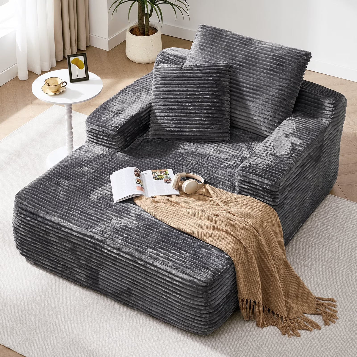 2026 NEW 65" Corduroy Cloud Sleeper Chaise Lounge Chair, No Assembly Sofa Bed with Pillows, Beige