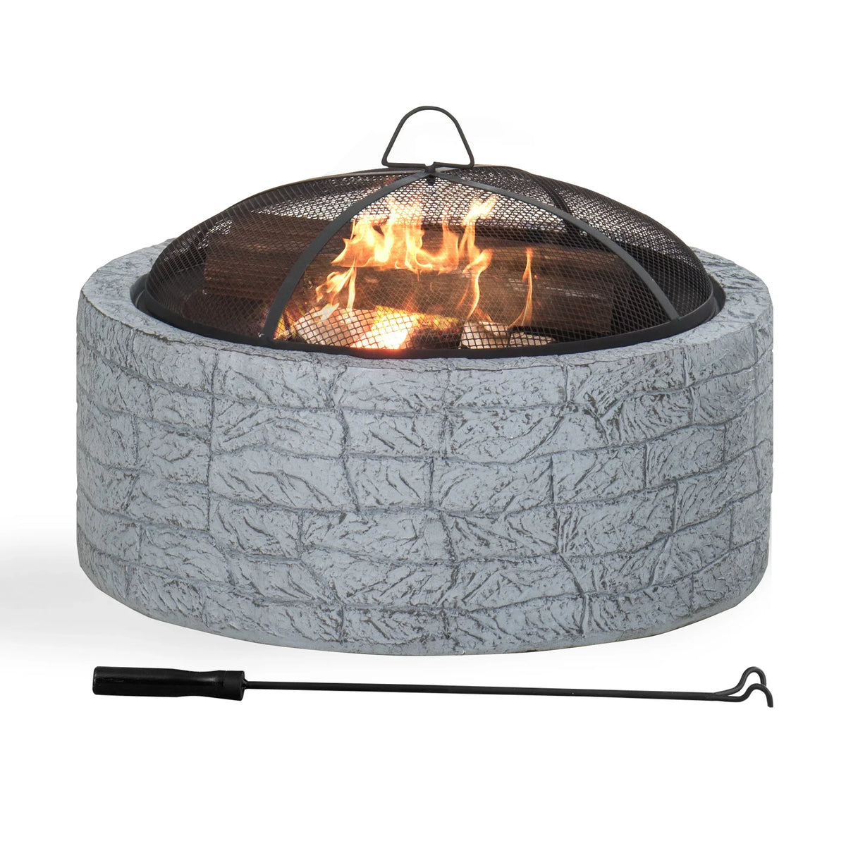 2026 NEW Sunjoy Stone Fire Pit 26 Inch, Outdoor Round Wood Burning Fire Pits with Spark Screen and Poker Grey